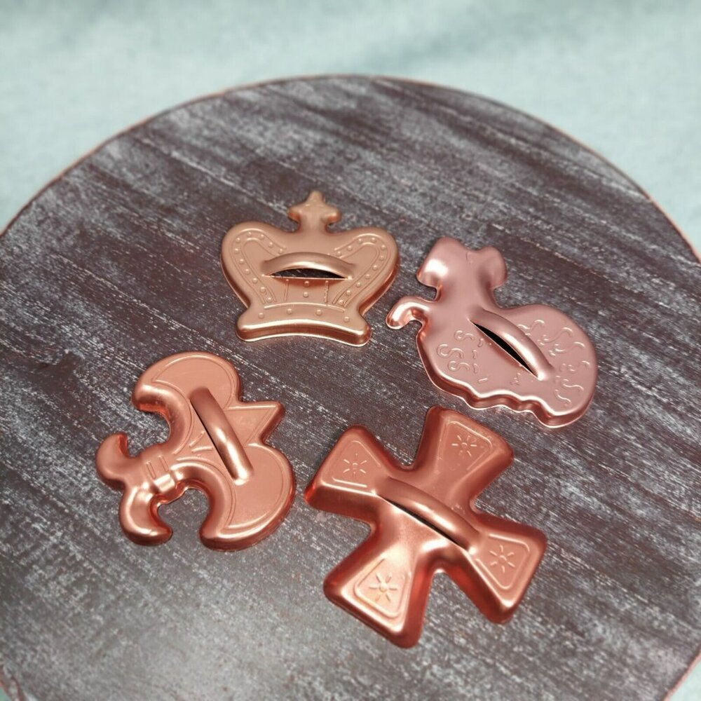 Vintage Lot of 4 Copper Colored Metal Cookie Cutters - Crown Cross Fluer De Lis